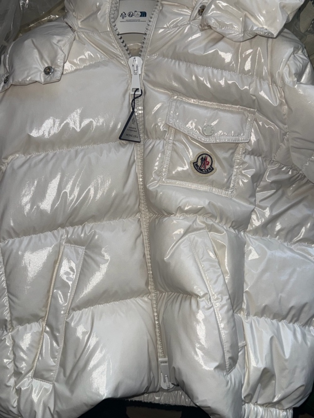 Moncler Women's Pearl White Shiny Puffer Coat